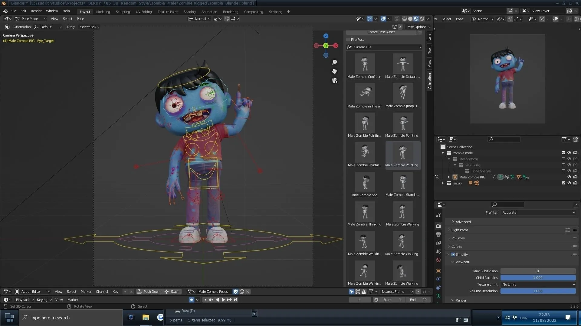 Cartoon Male Zombie - Rigged 3D Character in Blender with advanced face and body rig